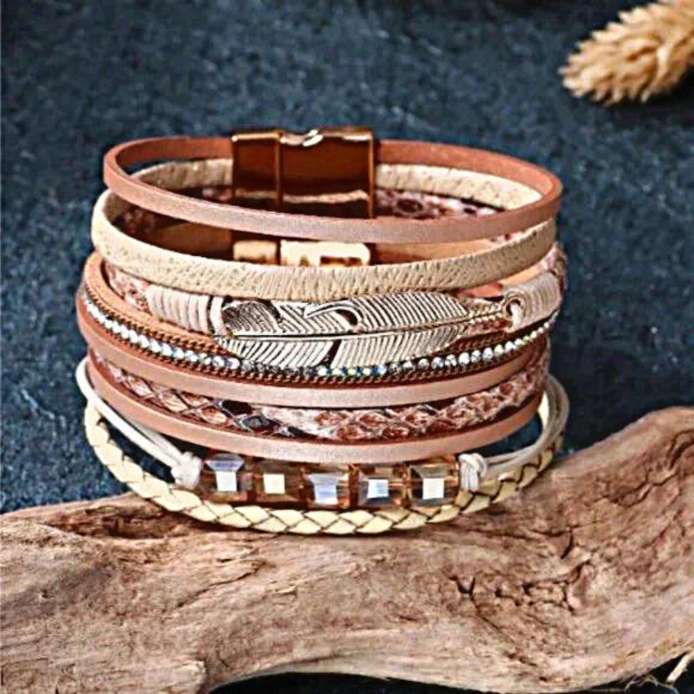 Earth Tone Artisan Crafted Multistrand Bracelet Magnetic Closure Boho
